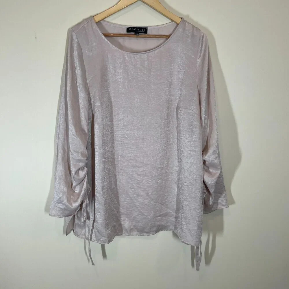 Eloquii Pink/Tan Blouse Ruched Sleeve Plus Size 14 Long Sleeve Crew Neck